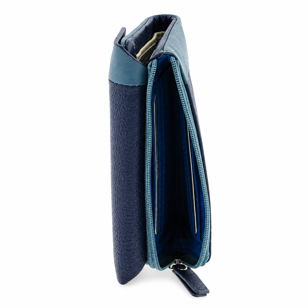 Cartera pequeña de mujer de piel bicolor azul